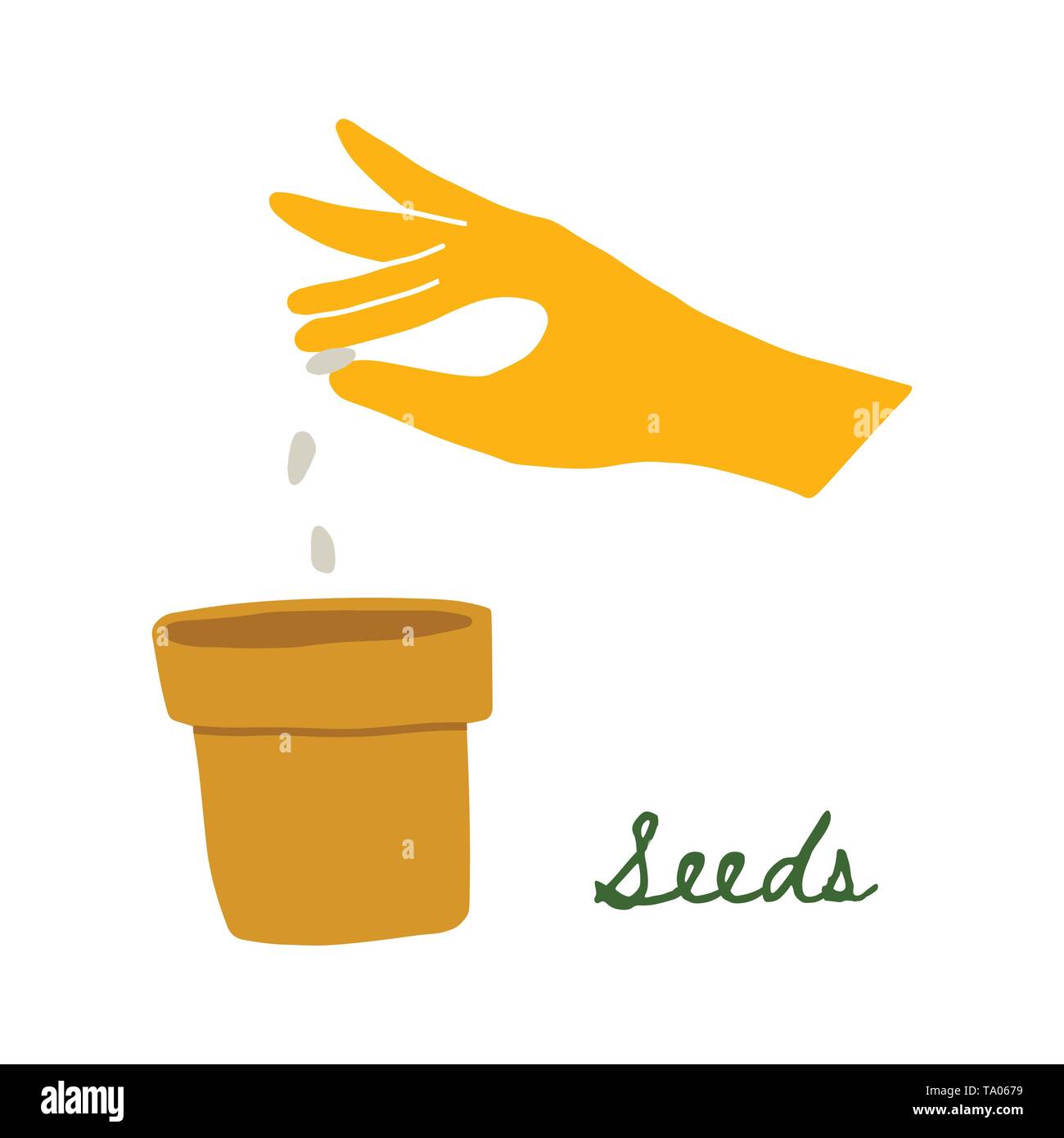 Illustrazione vettoriale di una mano in un giallo guanto di gomma di piantare i semi in una pentola. Disegnare a mano Doodle stile. Giardino mani coltivare ortaggi. Home garden. Illustrazione Vettoriale