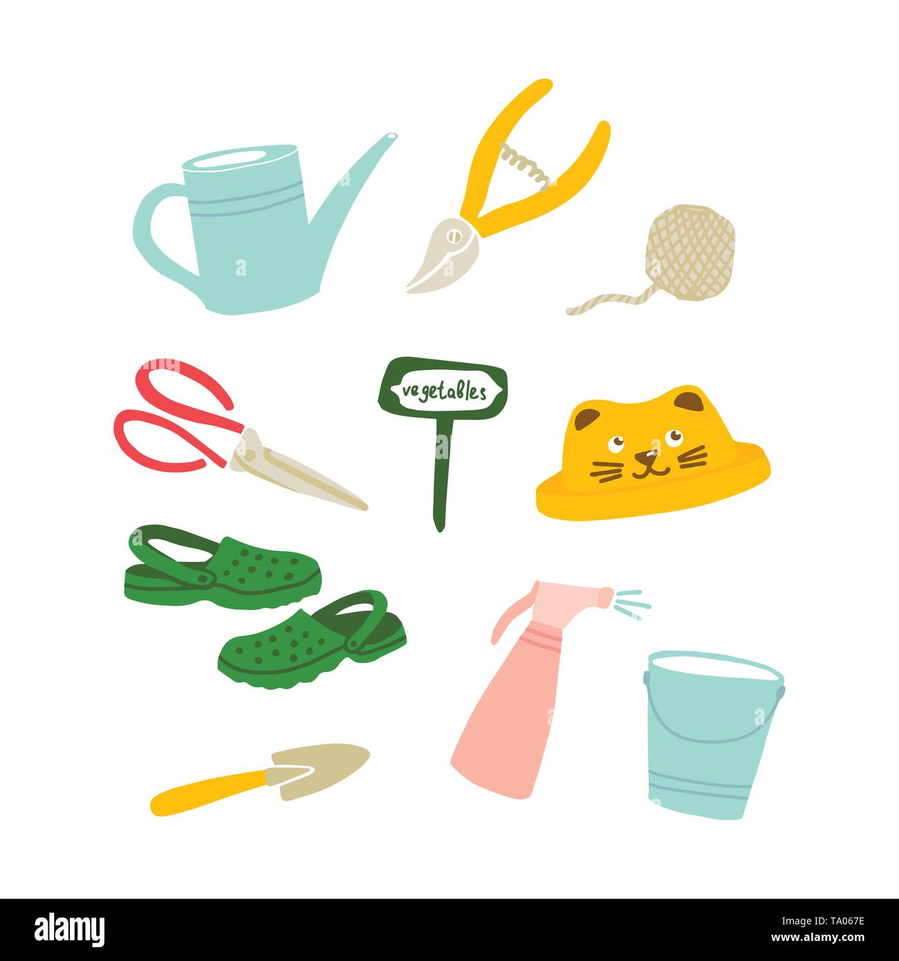 Illustrazione Vettoriale di attrezzi da giardino in stile scarabocchio. Set di simboli del giardino, le cose, gli oggetti. Progettazione di cartoline, poster e siti web. Illustrazione Vettoriale