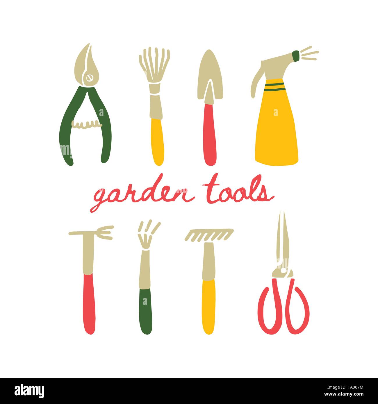 Illustrazione Vettoriale di attrezzi da giardino in stile scarabocchio. Set di simboli giardino isolato su sfondo bianco - irroratrice, benna, potatori, pala, rastrello. Illustrazione Vettoriale