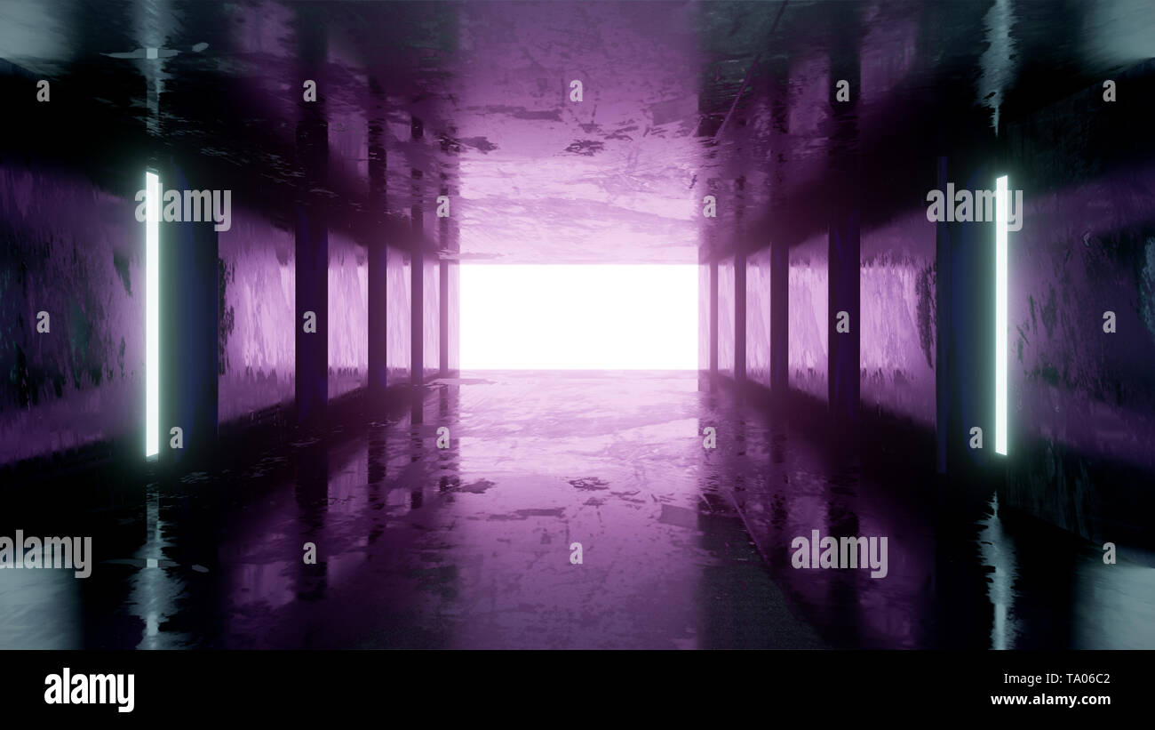 Riflessione concreta stanza sci fi con blu e luce rosa, rendering 3d. Foto Stock