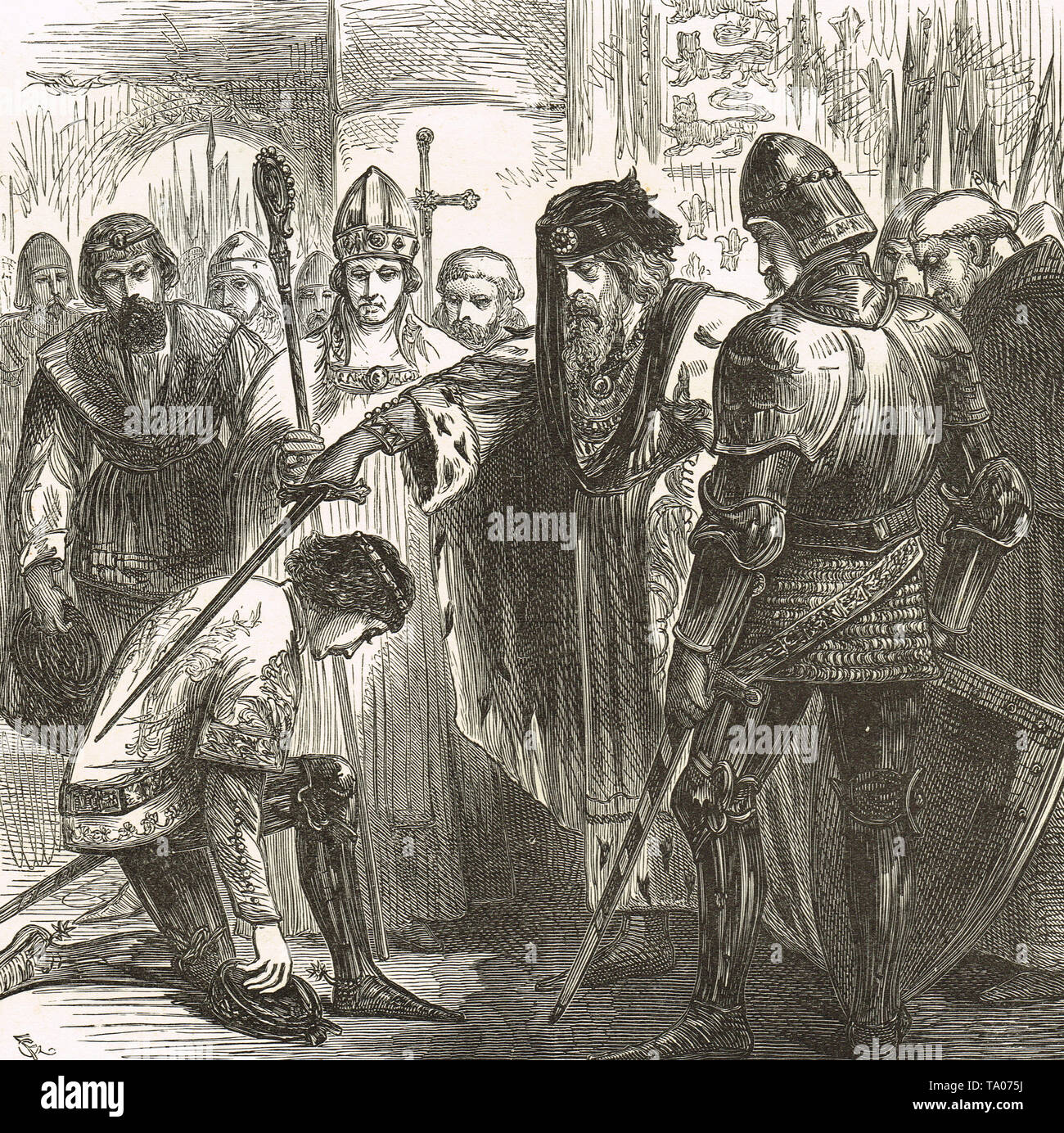 Edward III knighting suo figlio Edoardo il Principe Nero, a La Hogne nel 1346 Foto Stock