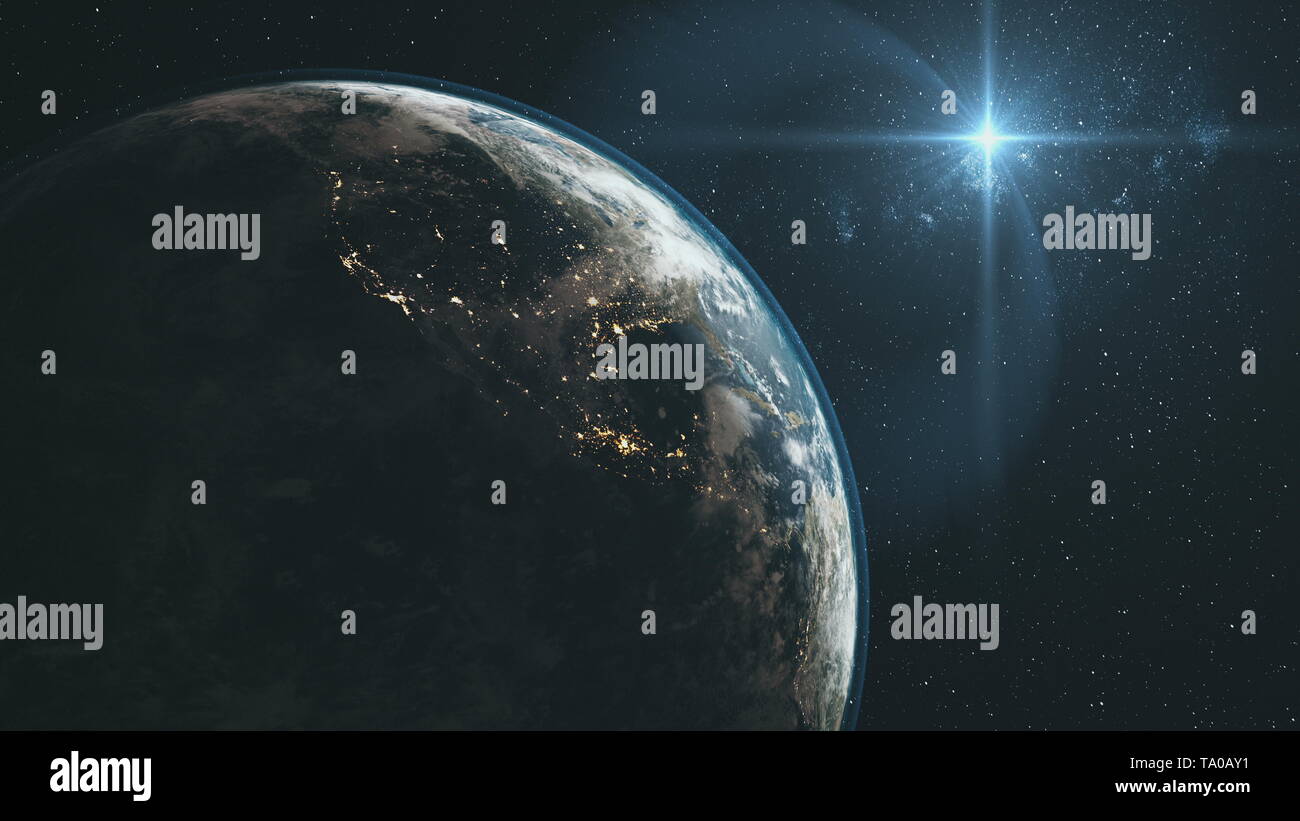 Majestic Earth Zoom In orbita sfondo stellato. Pianeta ruotare la superficie Star bagliore di luce nello spazio profondo universo Concetto di esplorazione di animazione 3D Foto Stock