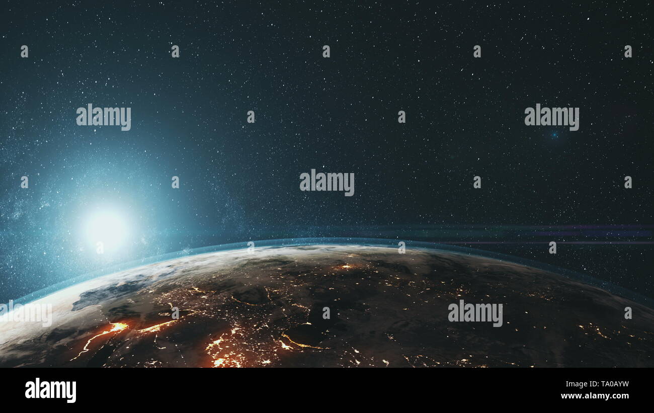 Ruotare epica terra vicino la superficie di sfondo a stella. Sun Beam Glow celeste spazio esterno universo profondo concetto di esplorazione di animazione 3D Foto Stock