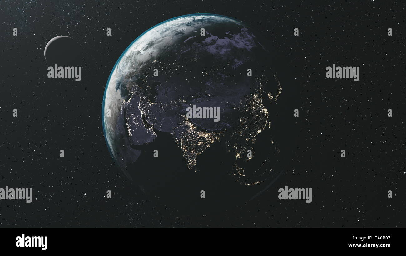 Ruotare la terra luna stella orbita Via Lattea sfondo. Twilight nebulosa galassia Spin pianeta universo Celeste Mappa. Spazio Satellite Concetto di viaggio animazione 3D Foto Stock