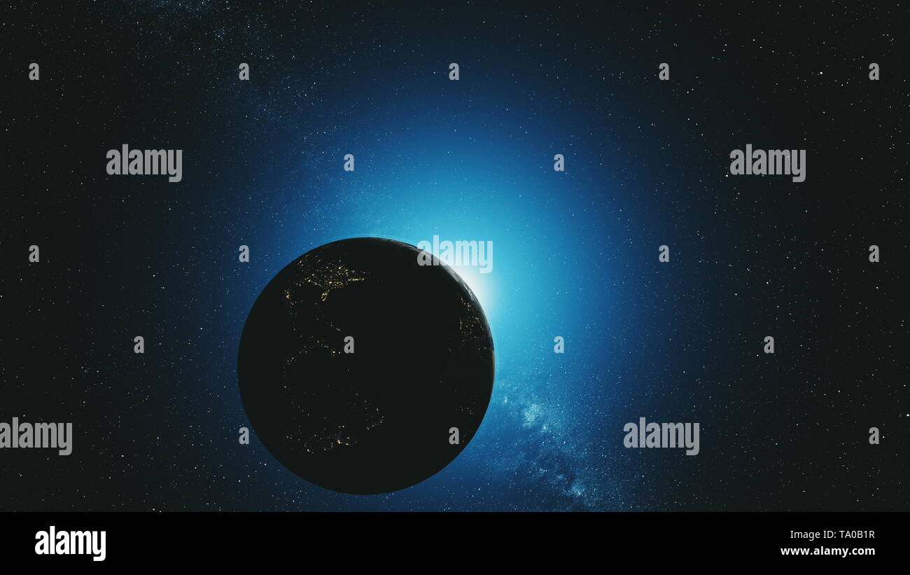 Orbita della terra blu invertito Sun Radiance lo spazio esterno. Epic Cosmo Nebula costellazione navigazione celeste vista satellitare universo concetto animazione 3D Foto Stock