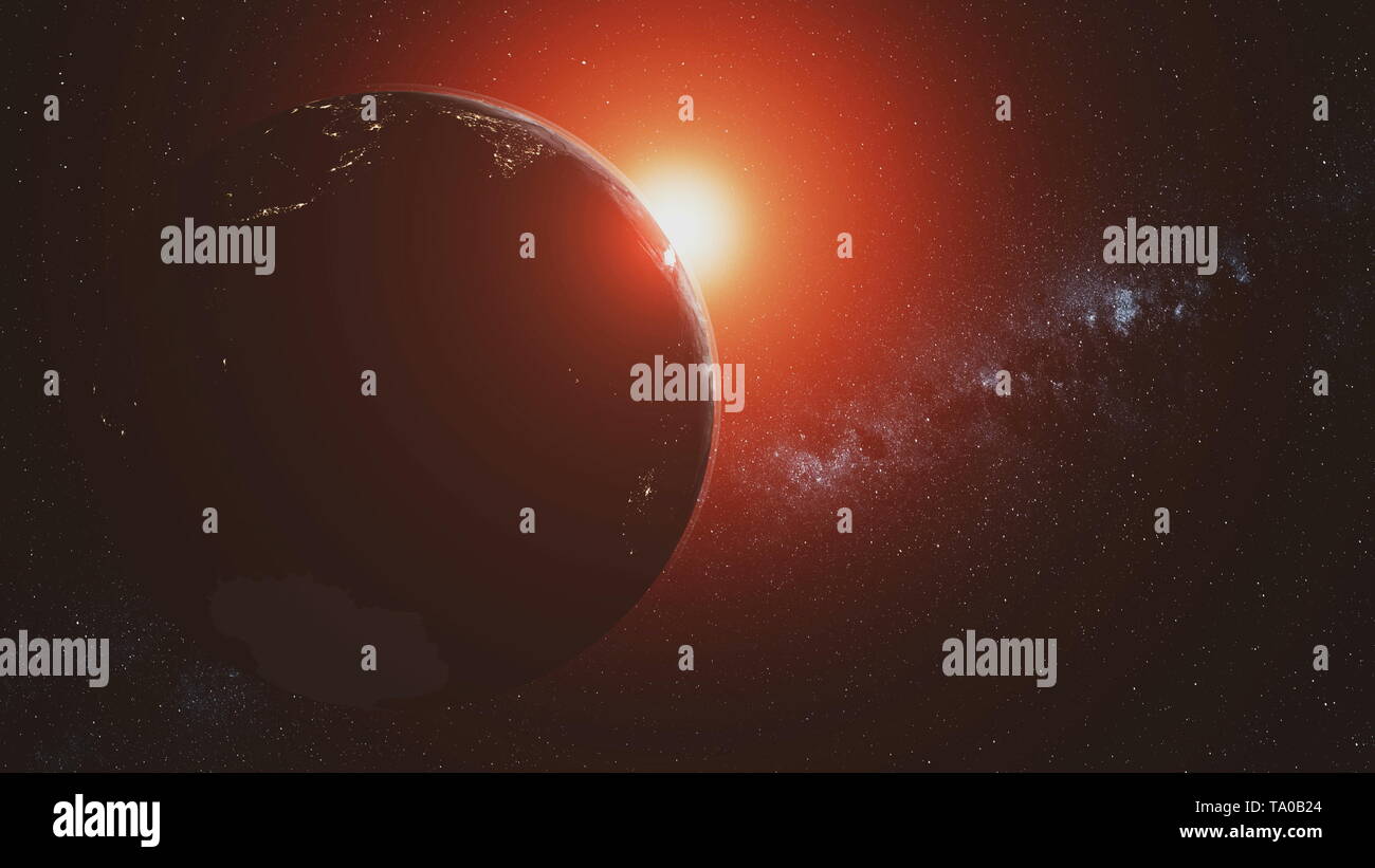 Il pianeta terra moto si accende la luce del sole di spazio aperto. Luce del sole rosso radianza nebulosa cosmica vista satellitare. Sistema solare Via Lattea galassia esterna animazione 3D Foto Stock