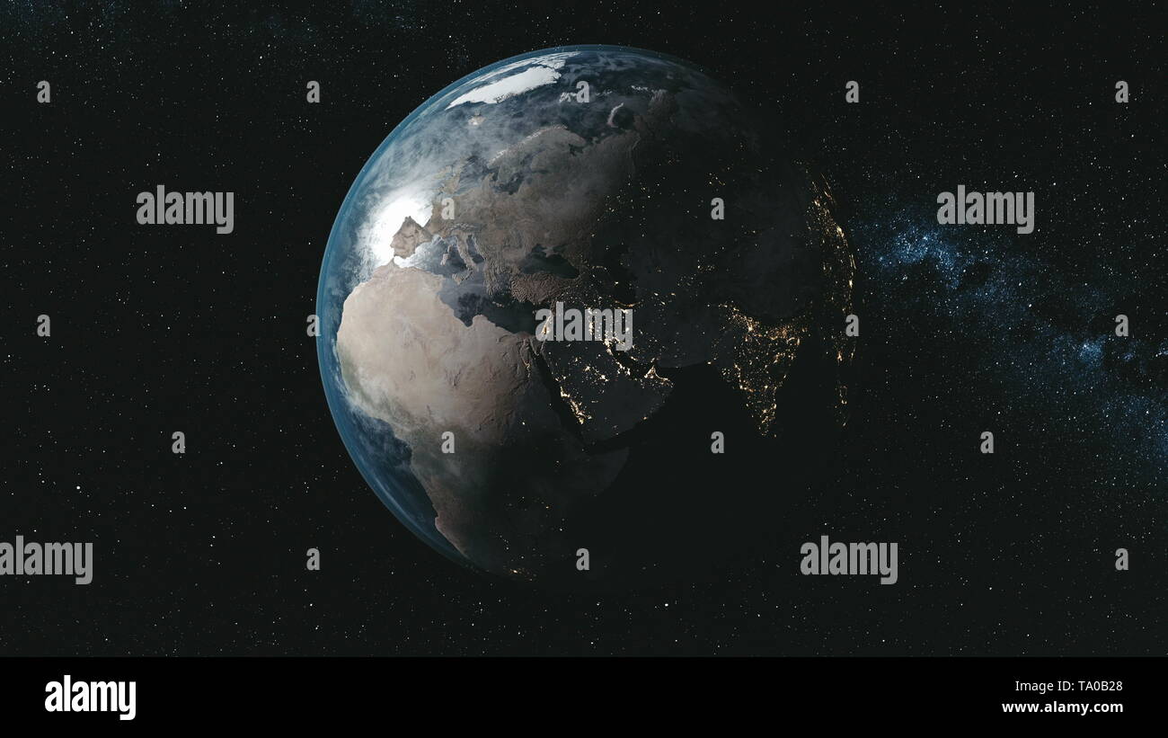 Spin Epic Pianeta Terra Galaxy notte vista satellitare. Aprire profondo cosmo la navigazione via lattea sfondo universo di viaggio il concetto di esplorazione di animazione 3D Foto Stock