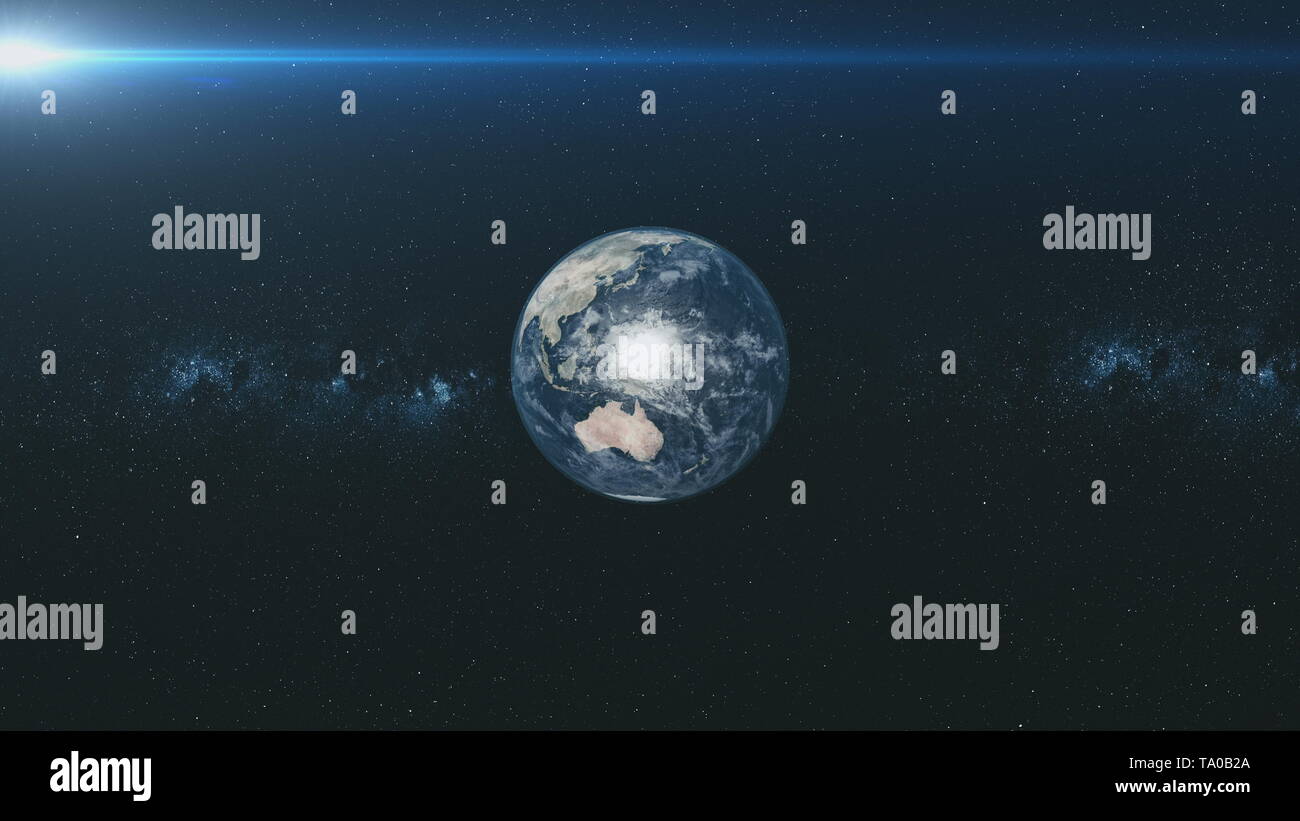 Spin orbita terrestre Meteor candelette di sfondo stellato. Pianeta moto veloce universo costellazione Celeste Mappa del mondo Deep Space Exploration concetto animazione 3D Foto Stock