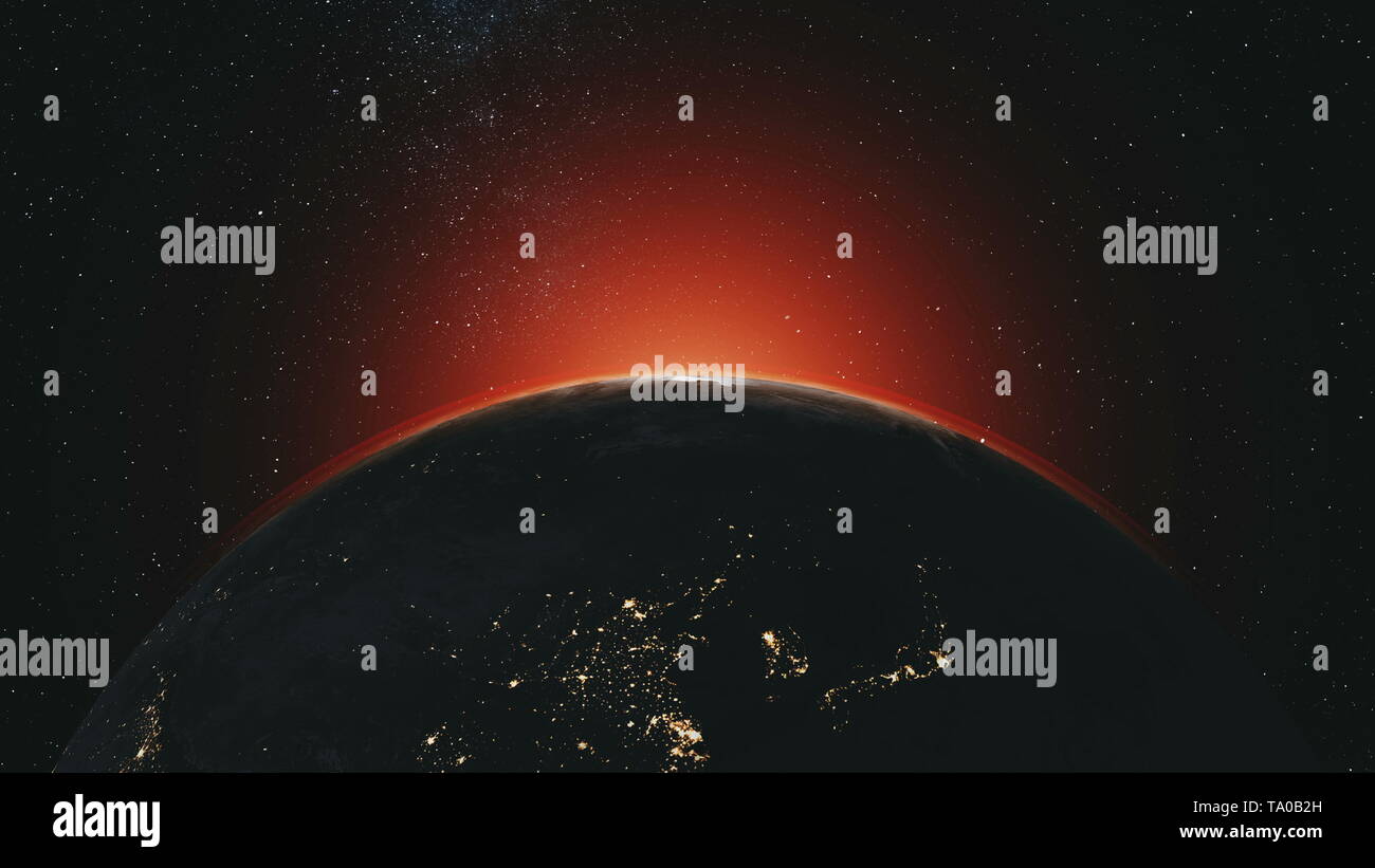 Planet Earth Orbit Zoom In rosso di Radianza di Luce del sole. Navigazione astronomica stellato sfondo Galaxy Sistema Solare Outer Space Exploration concetto animazione 3D Foto Stock