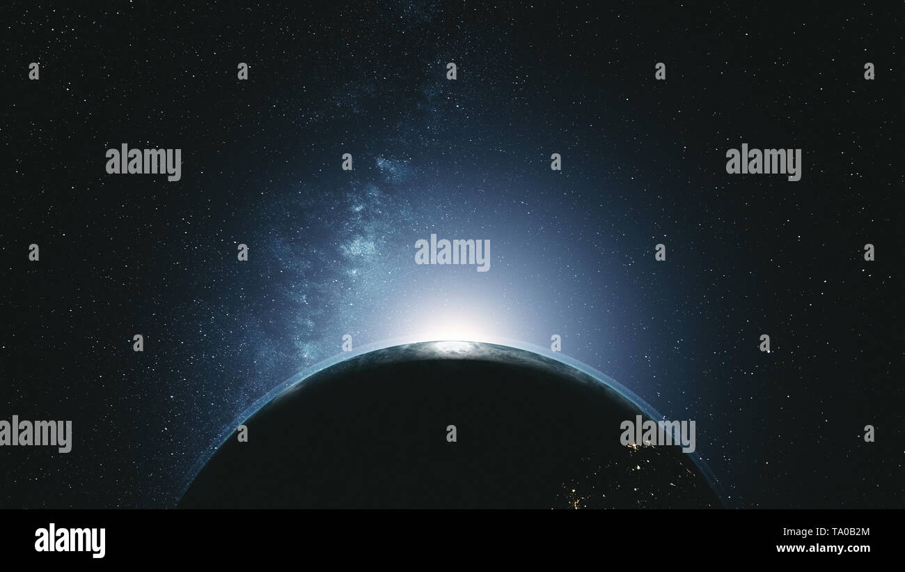 Majestic ruotare in orbita terrestre bagliore di luce del sole di Galaxy. Cosmo interstellari Stella nebulosa Radiance Spin pianeta vicino la vista satellitare spazio esterno animazione 3D Foto Stock