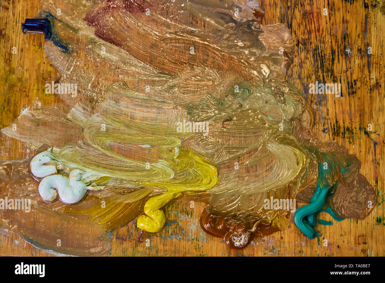 Immagine creativa, artista della tavolozza con vernici a olio e spazzole, close-up, vecchia tavolozza in legno, vernici di colori diversi Foto Stock