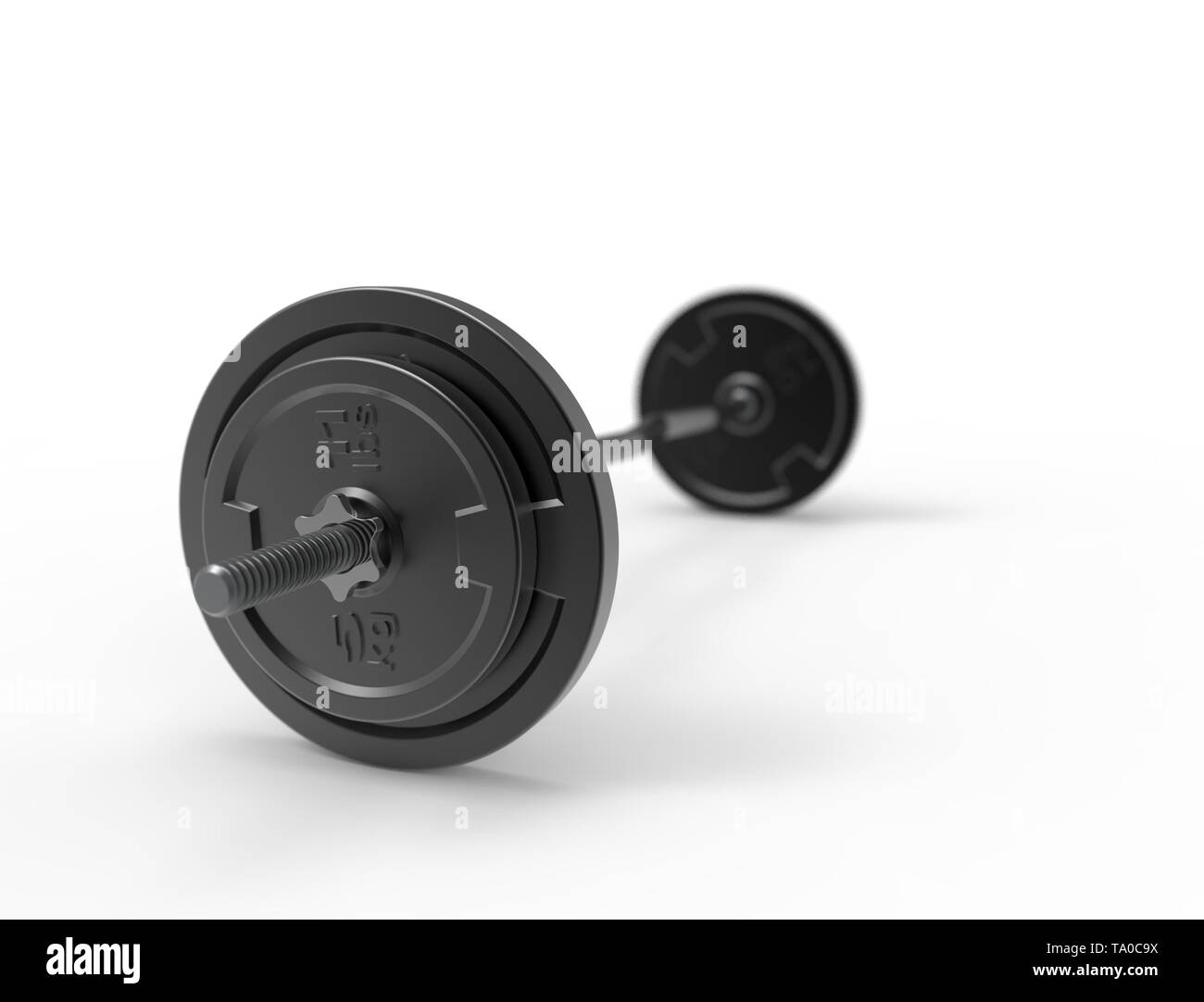3D rendering di un metallo barbell con pesi su di esso isolato in uno sfondo bianco. Foto Stock