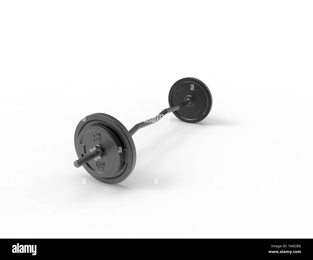 3D rendering di un metallo barbell con pesi su di esso isolato in uno sfondo bianco. Foto Stock