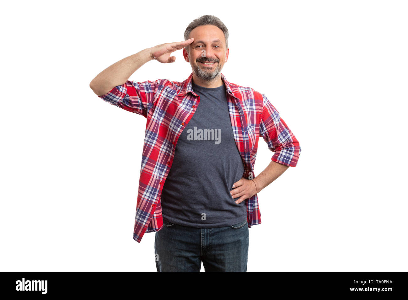 Uomo sorridente sulla fronte di toccare con mano come esercito salute concetto isolato su bianco di sfondo per studio Foto Stock