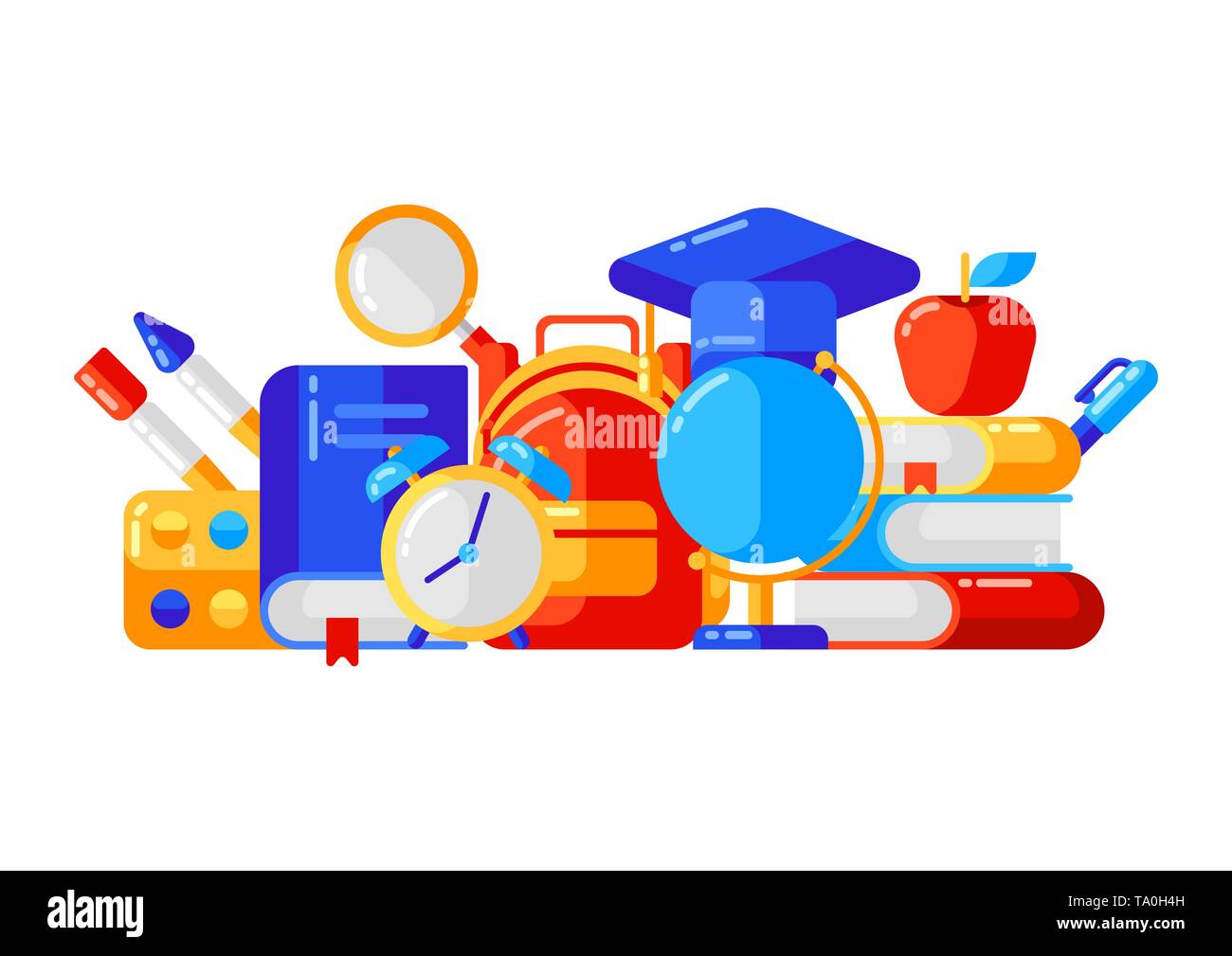 Sfondo della scuola con l'istruzione di icone e simboli. Illustrazione di moda stile piatto. Illustrazione Vettoriale