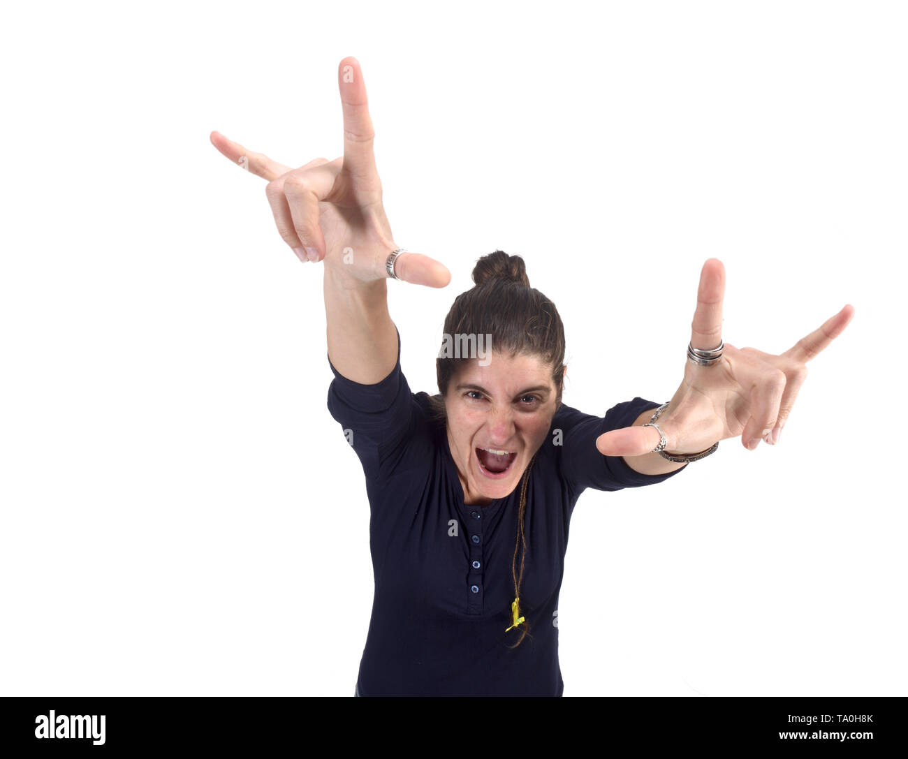 Donna fare gesti con le mani Foto Stock