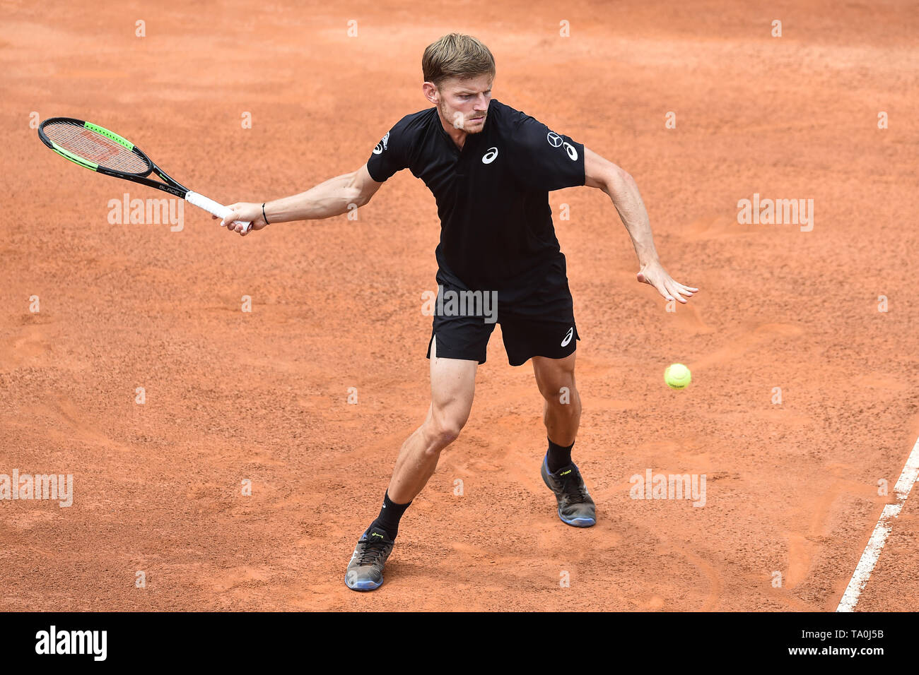 David Goffin del Belgio in azione durante il match contro Stan Wawrinka della Svizzera. Roma 14-05-2018 Foro Italico Internazionali BNL d'Italia Foto Stock