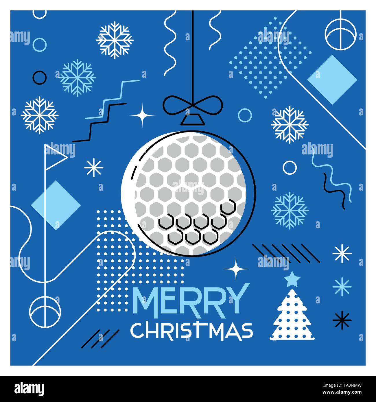 Auguri di Buon Natale. Biglietto di auguri con palla di Natale come una pallina da golf. Abstract design piatto. Illustrazione Vettoriale. Illustrazione Vettoriale