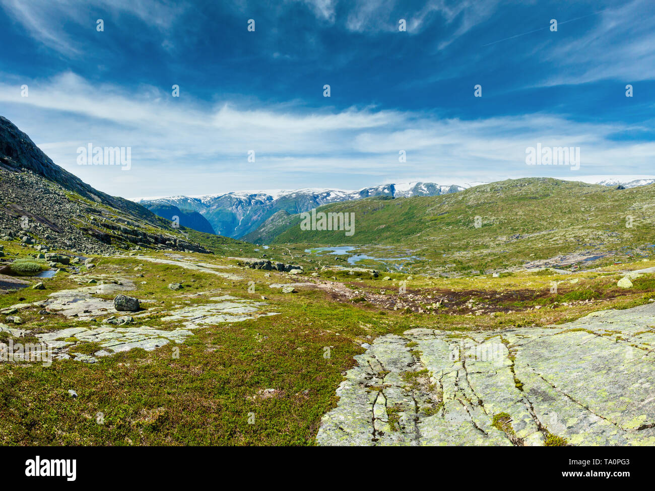 Estate Roldal highlands plateau paesaggio di montagna con piccoli laghi su pendenza (Norvegia, sul sentiero escursionistico per Trolltunga da Odda). Foto Stock