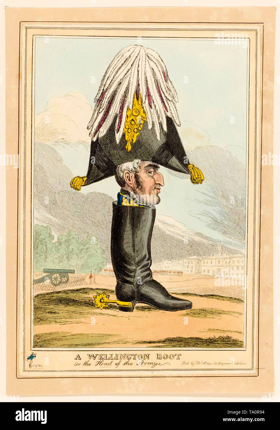 A Wellington Boot o il capo dell'esercito, politico britannico cartoon lampooning il Duca di Wellington, William Heath, fine XVIII secolo Foto Stock