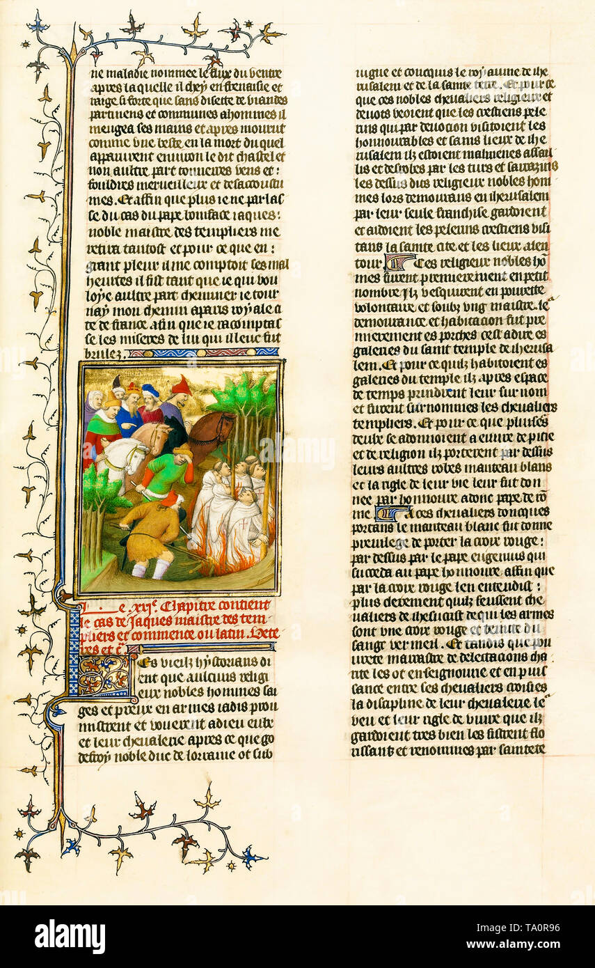 I Cavalieri Templari bruciarono alla presenza di Filippo la Fiera e dei suoi cortigiani, manoscritto illuminato da Boucicaut Maestro Illuminator, francese, circa 1413 Foto Stock