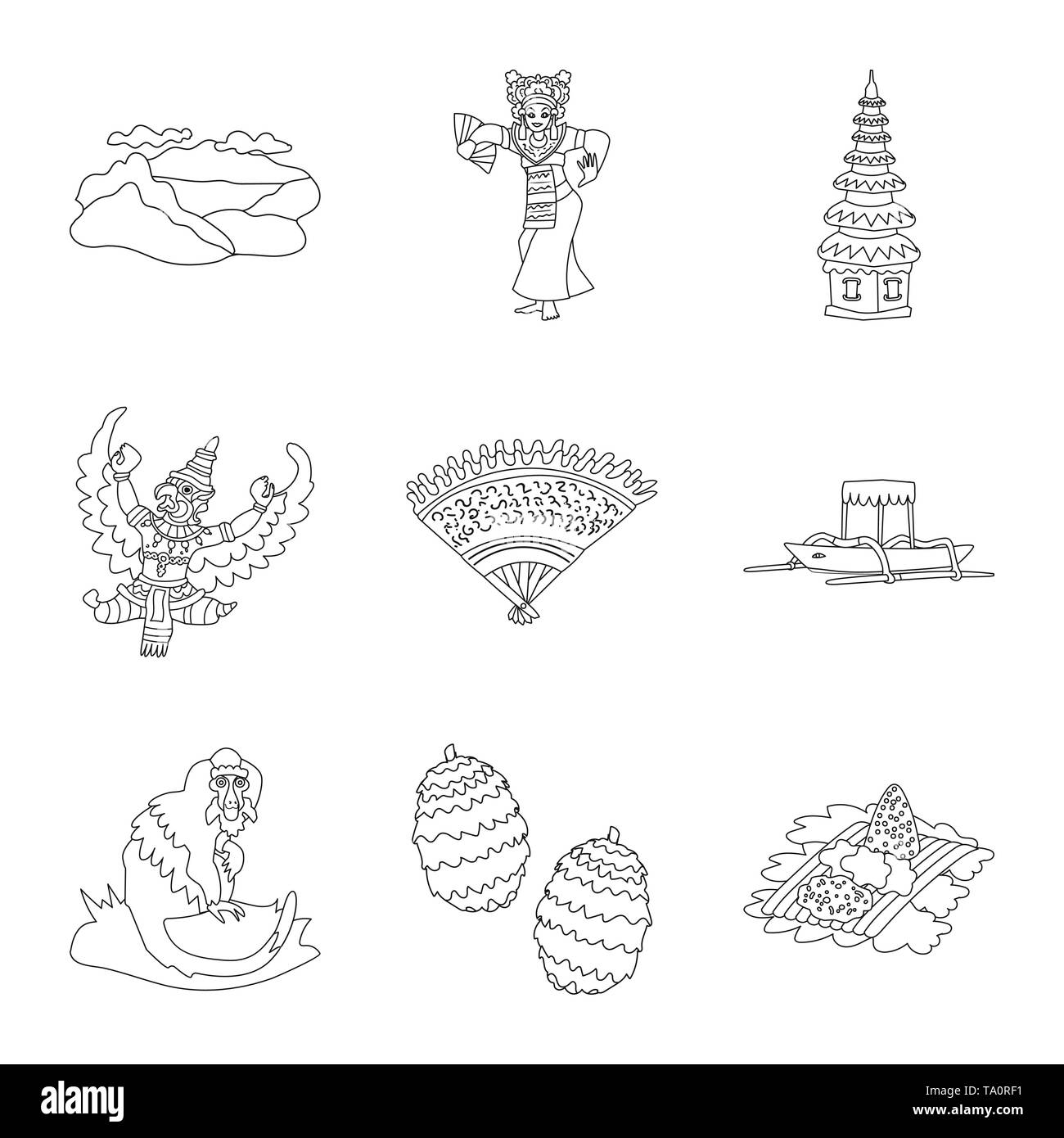 Oggetto isolato di balinesi e dei Caraibi e la relativa icona. Set di balinesi e geografia stock illustrazione vettoriale. Illustrazione Vettoriale