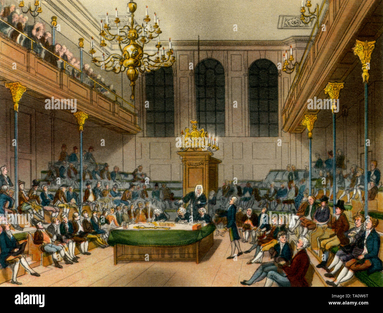 House of Commons, c1808-1810. Una stampa dal microcosmo di Londra, di William Henry Pyne (1770-1843). Di Thomas Rowlandson (1756-1827) e Auguste Charles Pugin (1762-1832). La Camera dei Comuni medievale vista qui prima della sua distruzione da fuoco nel 1834. Il nuovo Palazzo di Westminster fu in parte progettato dal figlio di Auguste Charles Pugin, Augustus Welby Pugin (1812-1852). Foto Stock