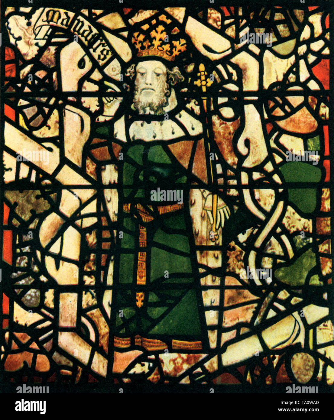 Re Manasses dal 14th secolo Jesse Window of York Minster. Di Thomas Glazier (fl. 1386-1427). L'albero di Jesse è stato fatto c1386 per la finestra ovest dell'anti-cappella del New College, Oxford da Thomas Glazier di Oxford. Il vetro fu successivamente installato nel coro di York Minster nel 1770 dopo che fu dato a William Peckitt come pagamento parziale per il suo lavoro per il New College. In questo dettaglio della finestra vediamo il re Manasses di Giuda (c709 a.C.-c643 a.C.). Foto Stock