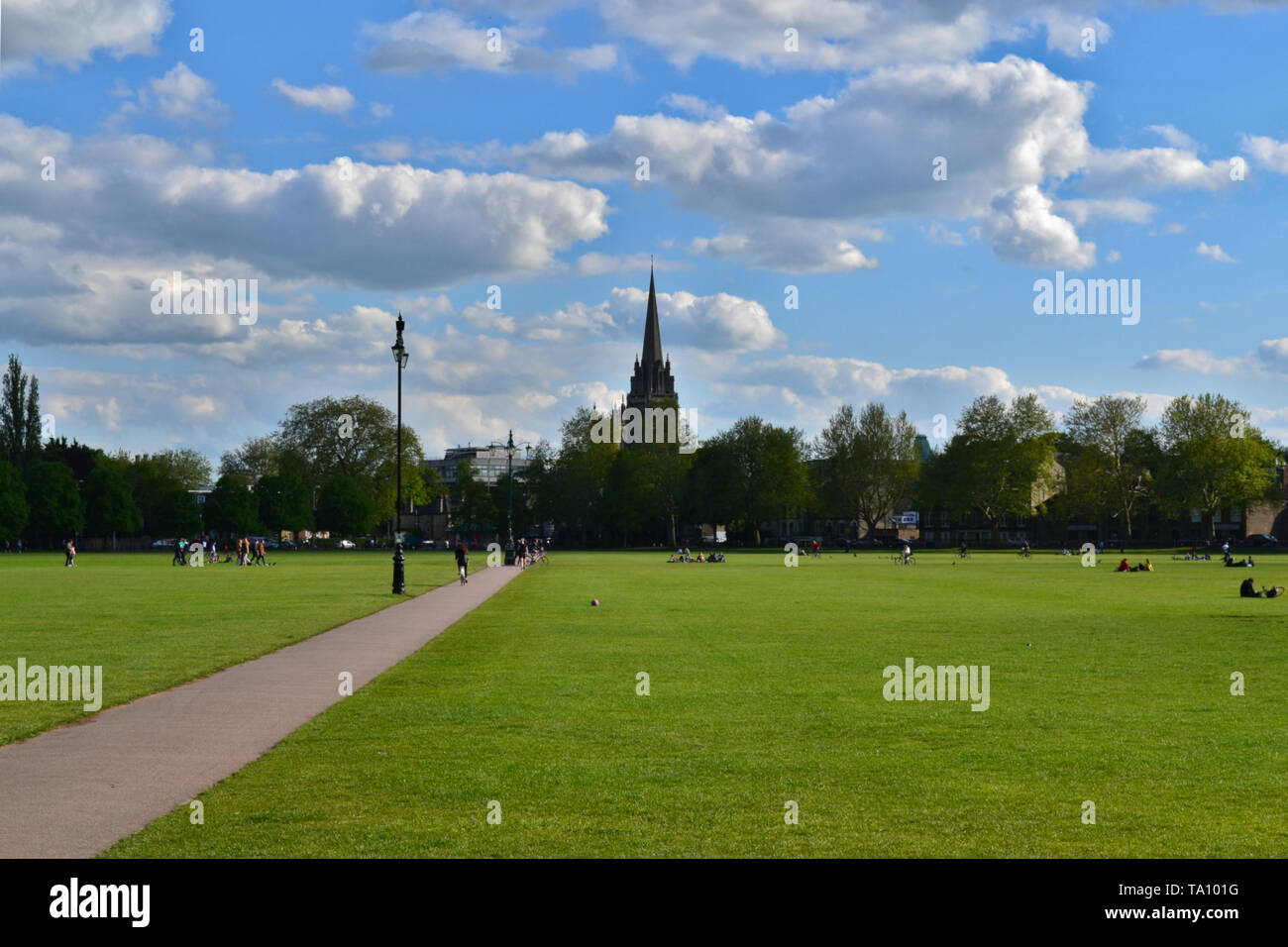 Il bellissimo e tipico paesaggio del Regno Unito. Erba verde e gli alberi del parco in una giornata di sole con cielo blu e nuvole soffici. Foto Stock