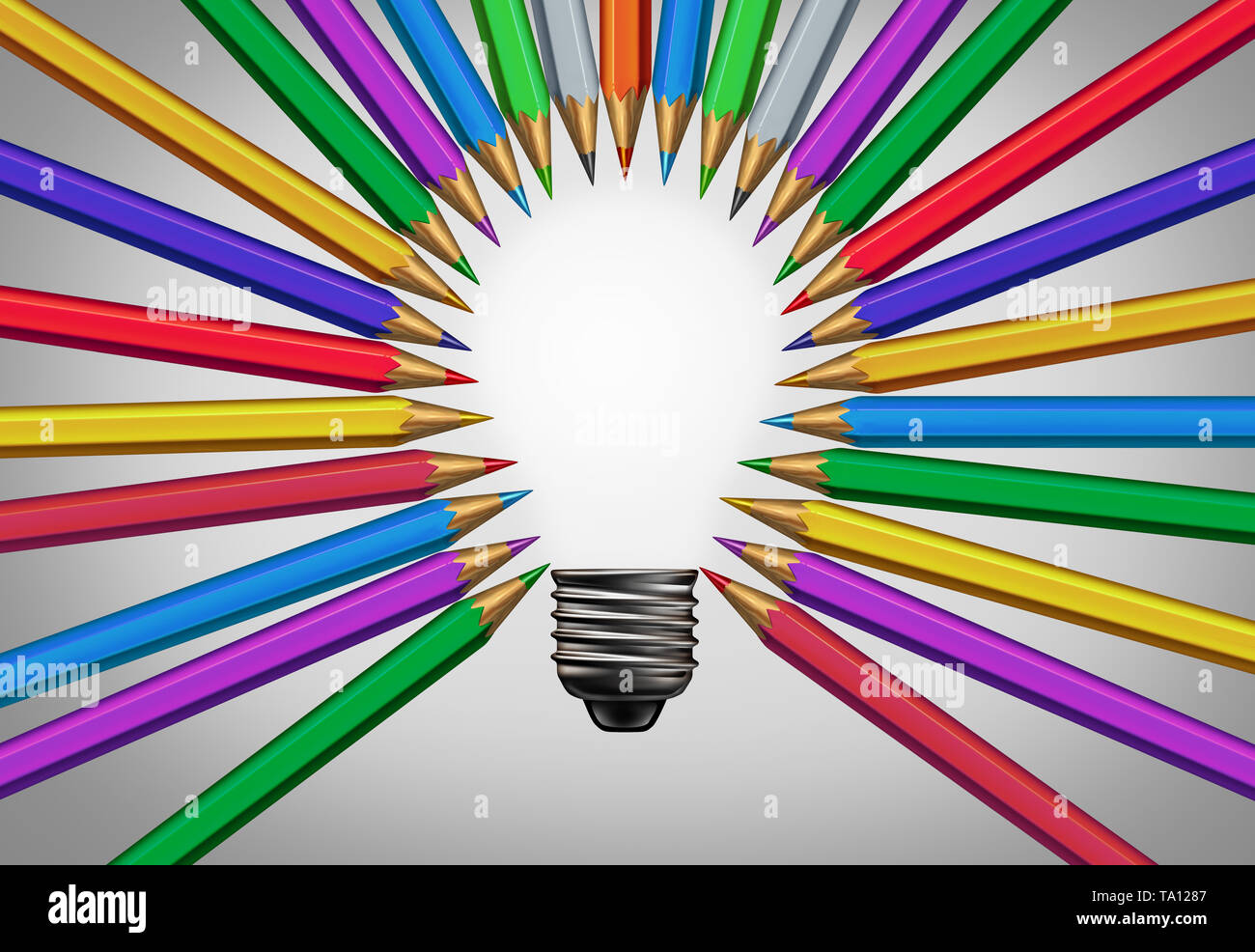 Contenuti creativi concetto pensare insieme come un gruppo diversificato di matite provenienti insieme la giunzione nella forma di un inspirational lampadina. Foto Stock