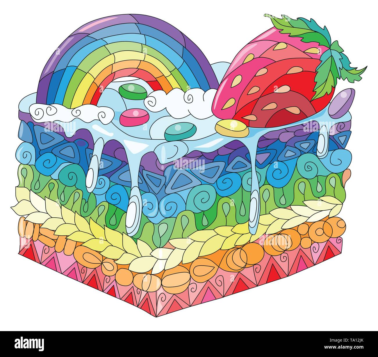 Vector pezzo di torta con arcobaleno e fragola. Disegnata a mano illustrazione per t-shirt decorazione Illustrazione Vettoriale