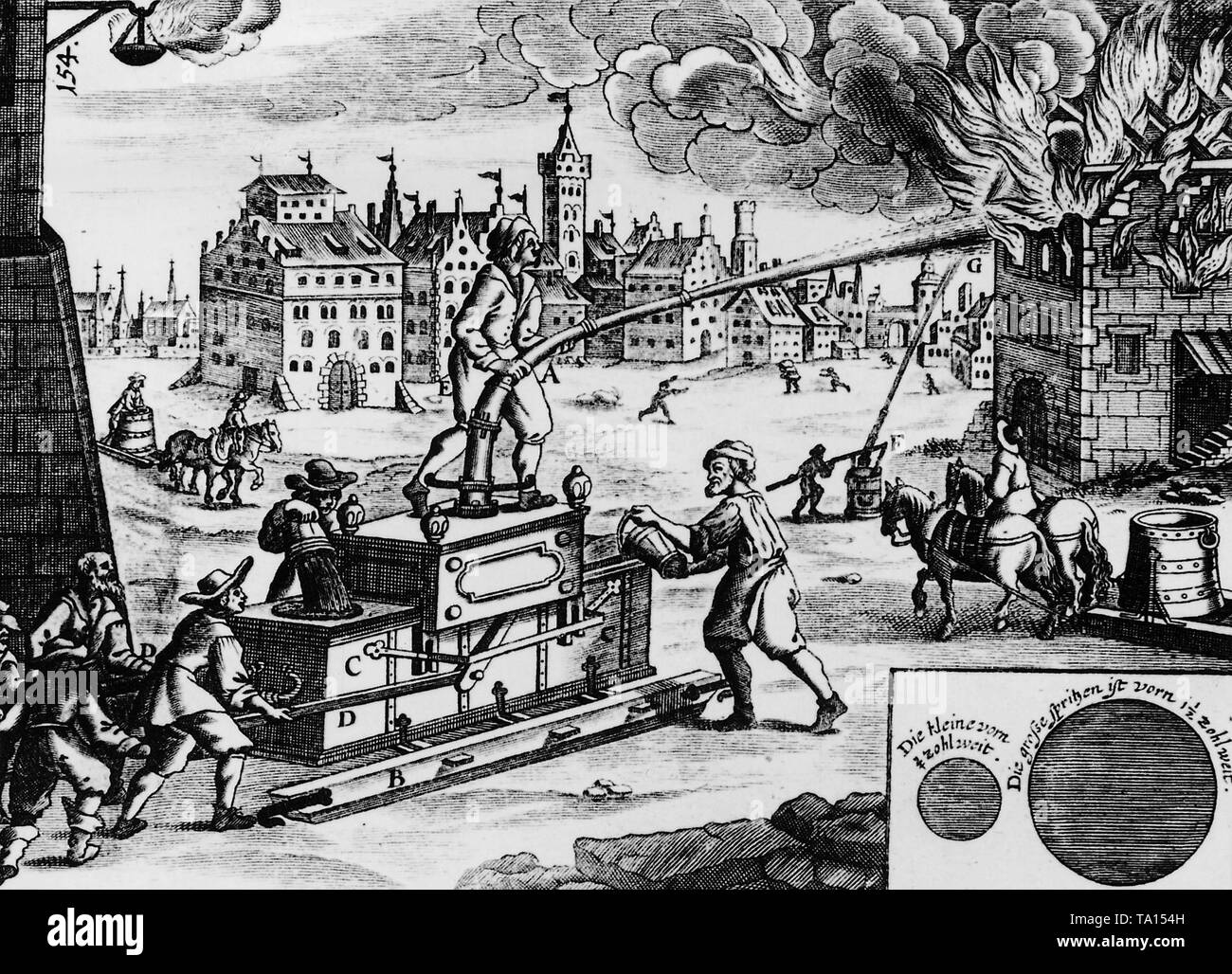 Ricostruzione storica di un utilizzo di estinzione di un incendio del motore con camera d'aria a partire dall'anno 1661. Foto Stock