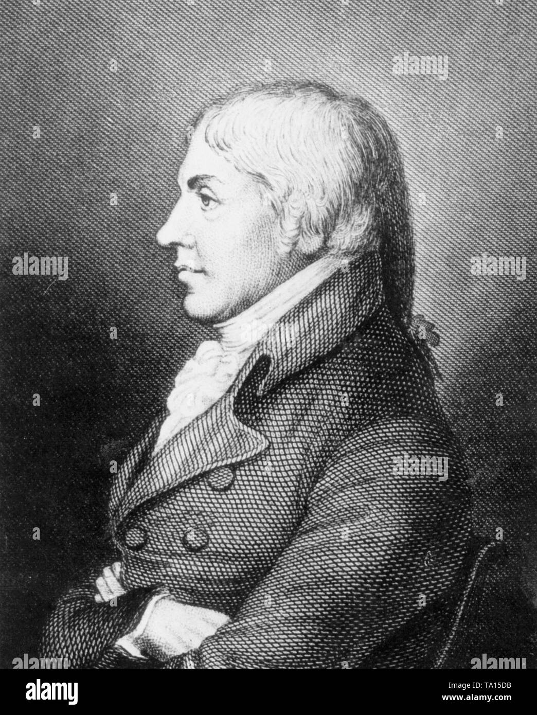 Ritratto di profilo di Edward Jenner (1749-1823), inglese Medico e scienziato che è stato il pioniere del vaiolo vaccino, il mondo il primo vaccino Foto Stock