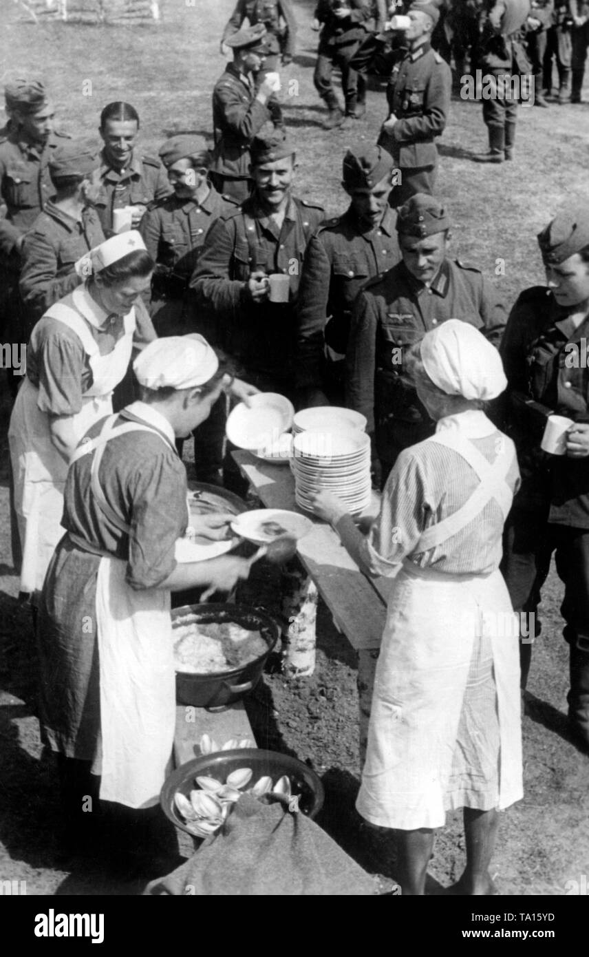 Gli infermieri della Croce Rossa tedesca distribuire dolci ai soldati tedeschi. Essi sono situati a circa 50km a sud-ovest di Orel (Oryol) appena prima dell'inizio dell'operazione cittadella. Foto Stock