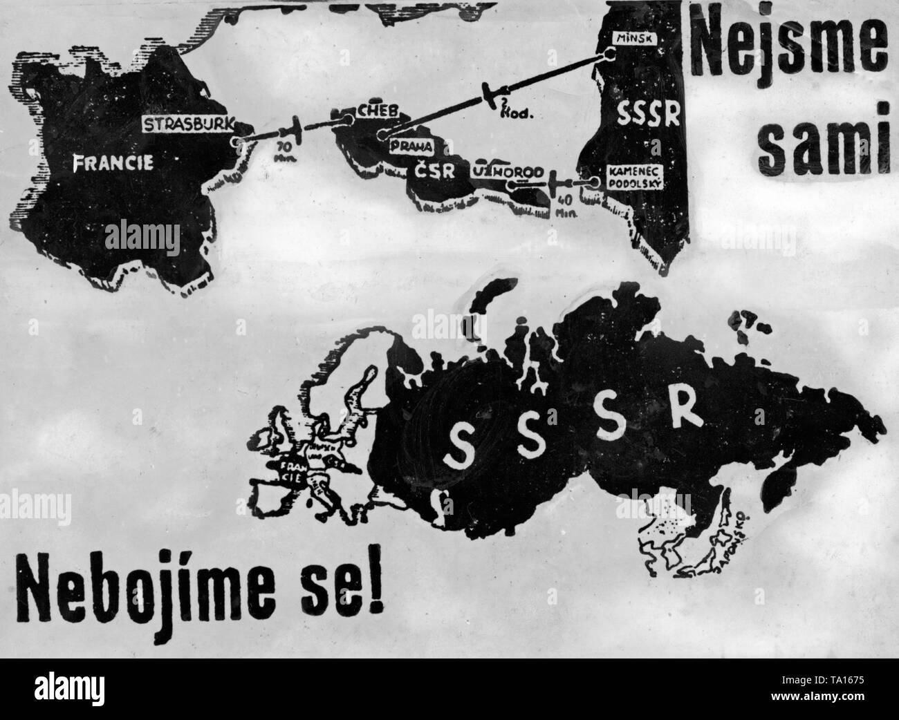 Poster cecoslovacco nel Sudetenland crisi. La mappa indica le distanze tra gli alleati della Cecoslovacchia. Sul poster: Nebojime se!( Inglese: non preoccuparti) e Nejsme sami (inglese: non siamo soli). Foto Stock