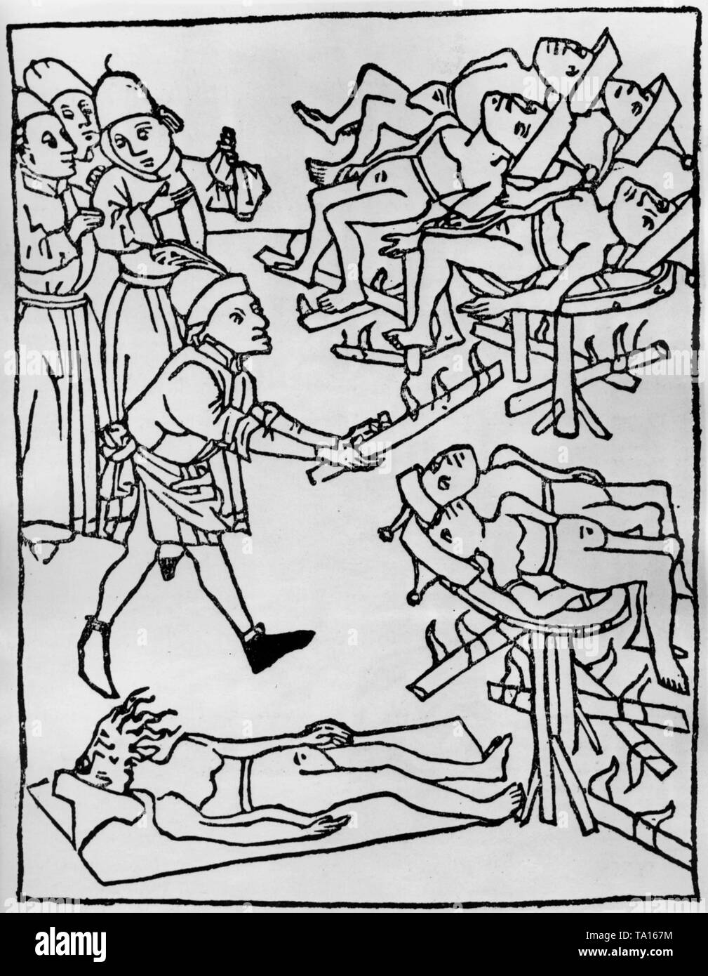 Gli ebrei sono torturati su una ruota di rottura. Illustrazione / xilografia da 'Storia del bambino cristiano ucciso in Trento' (Trento 1475). Foto Stock