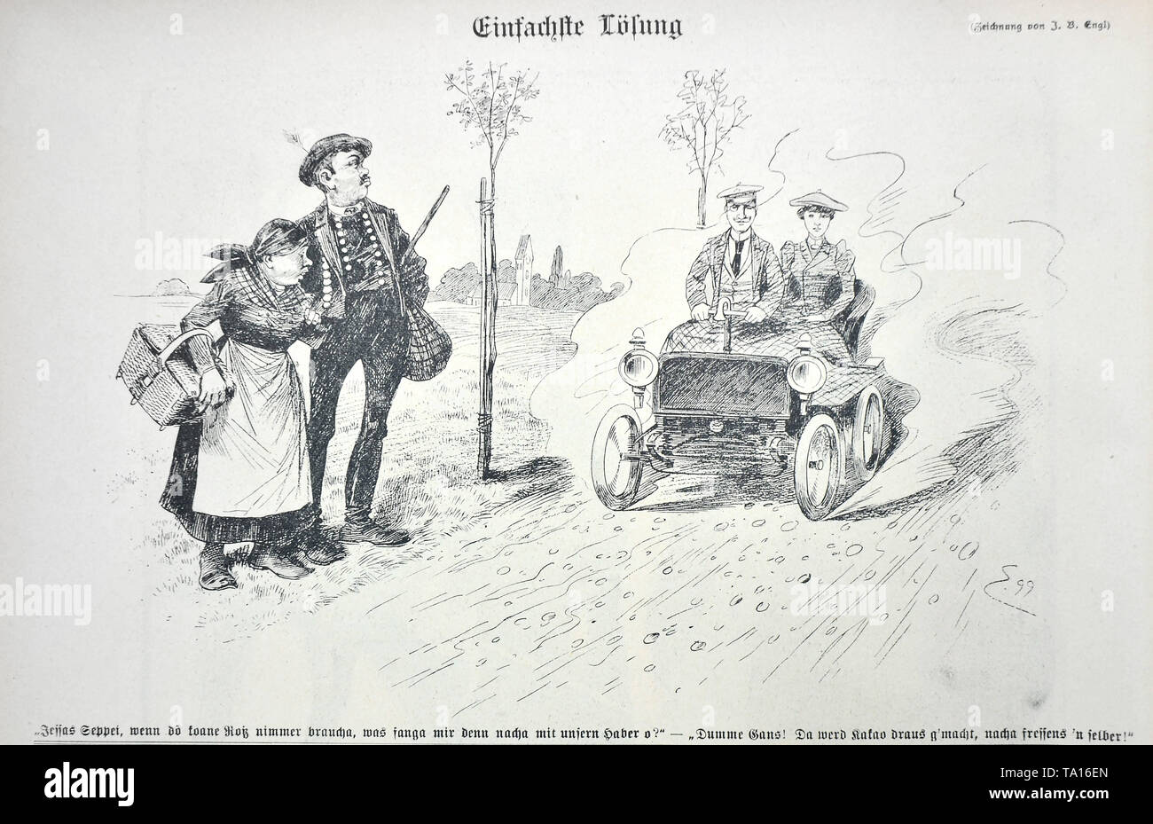 Disegno 'la soluzione più semplice' da Josef Engl Benedikt. Cartone animato dalla rivista satirica 'implicissimus', Volume 4 numero 9 (1899). Sotto la foto: 'Jessas Seppel, se non avete bisogno di un cavallo, che cosa devo fare con le OAT? 'Stupido goose! Quindi fare il cacao fuori di esso e mangiare da te!". Foto Stock