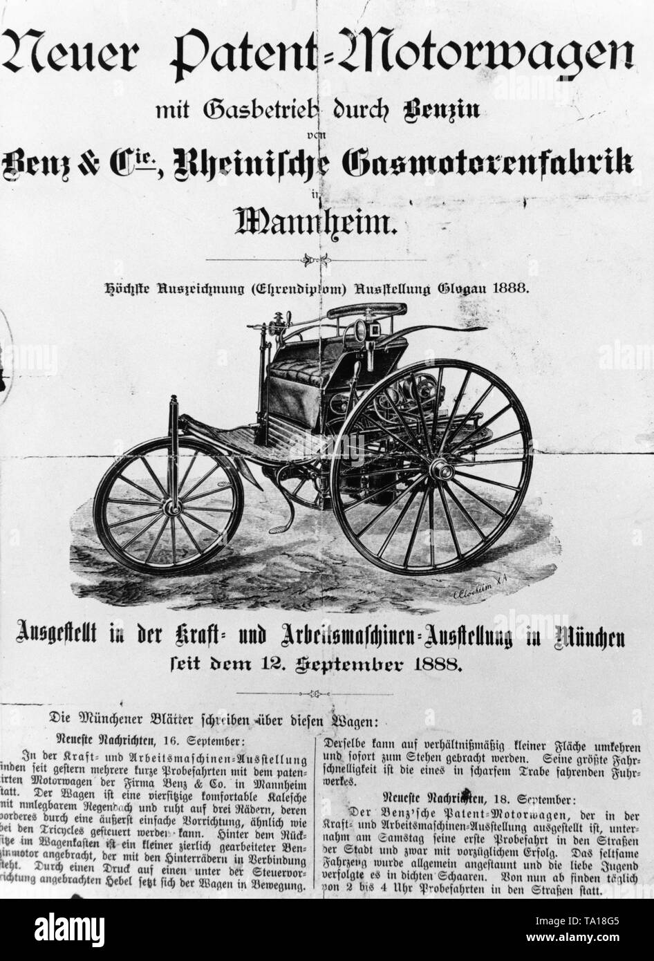 Relazione della Muenchner neueste Nachrichten circa il Patent Motorwagen Nr 3 da Carl Benz, il primo veicolo a motore che ha prodotto e venduto in serie. Foto Stock
