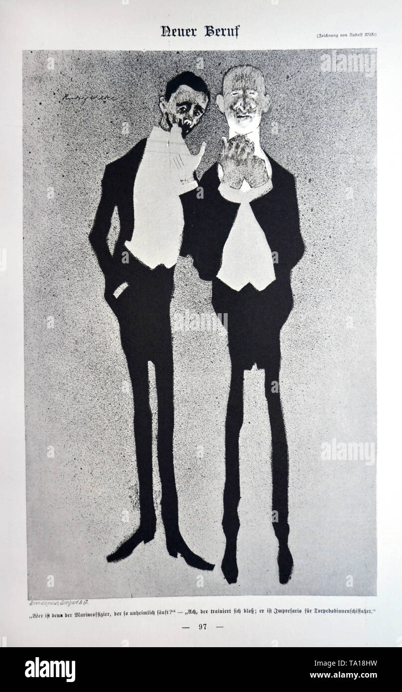 Cartone animato dalla rivista satirica 'implicissimus'. Titolo del disegno è 'Neuer Beruf' ('nuova professione') dal fumettista Rudolf Wilke. Nella foto in Simplicissimus, vol. 5, n. 12, p. 97. Sotto la foto si legge: "Chi è l'addetto navale che corre in modo weirdly?" "Oh, egli è proprio la formazione, lui è un impresario per siluro-nautica.' Foto Stock