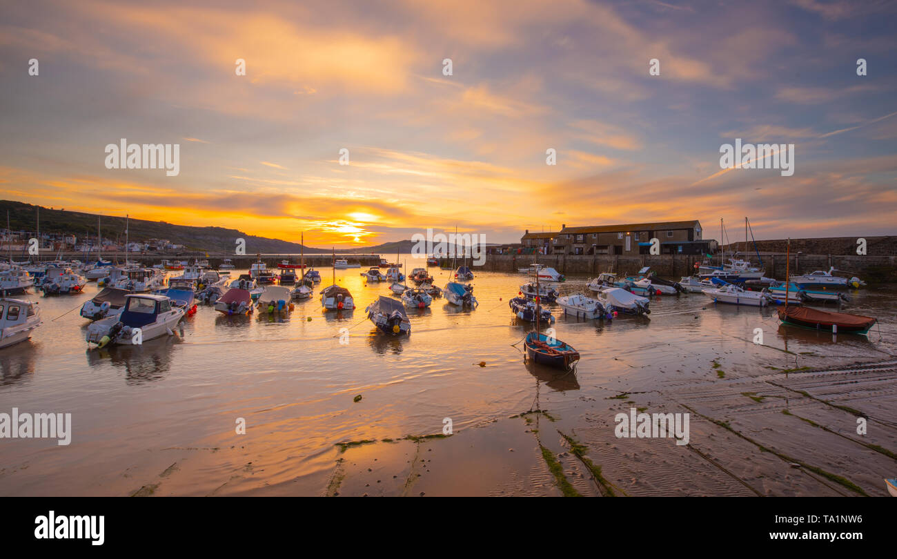 Lyme Regis, Dorset, Regno Unito. 22 maggio 2019. Regno Unito Meteo: Moody sunrise di colori a bassa marea a Cobb a Lyme Regis. Credito: Celia McMahon/Alamy Live News. Foto Stock