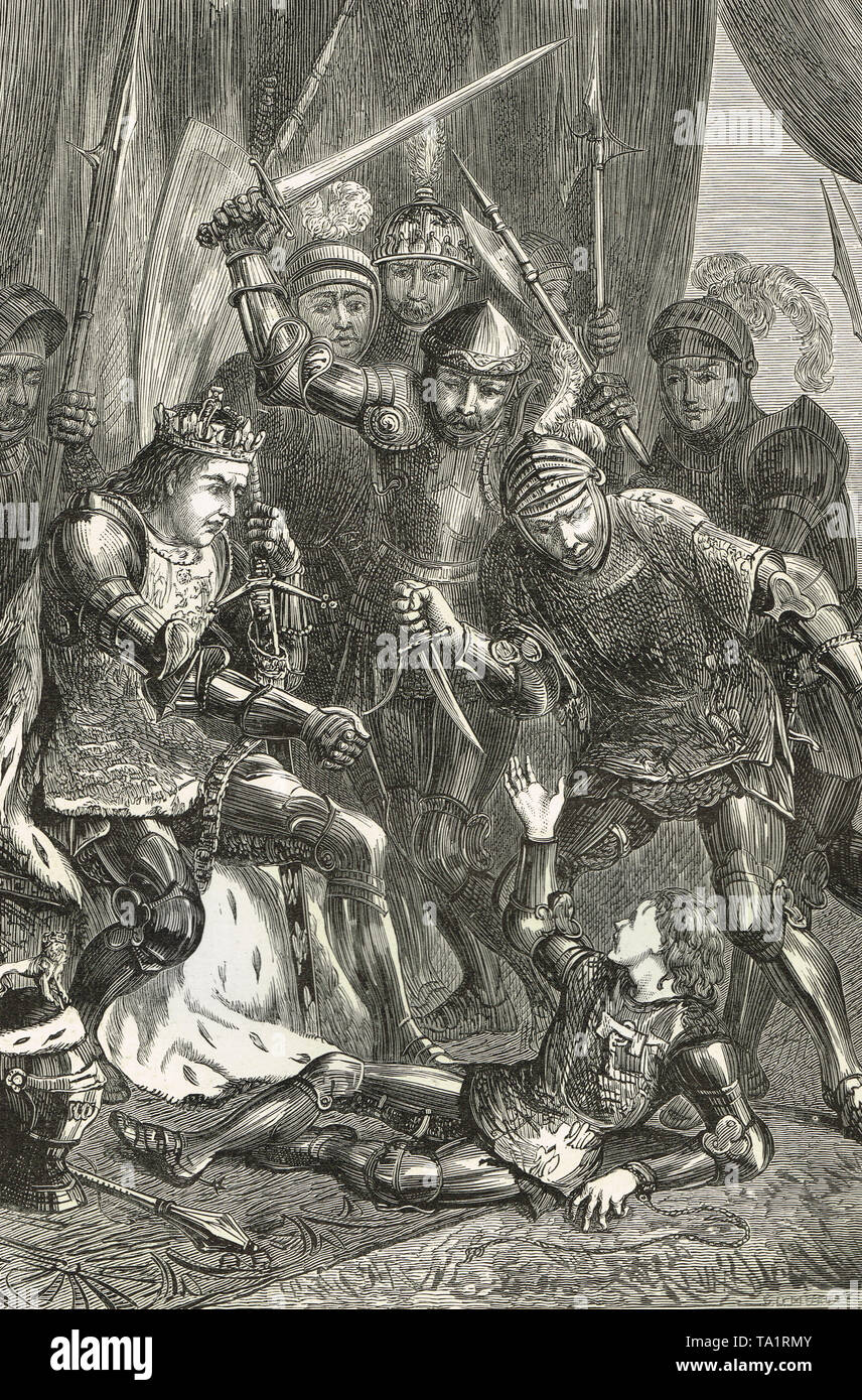 L assassinio di Edward di Westminster, Principe di Galles, 4 maggio 1471, a Tewkesbury, Gloucestershire, Inghilterra Foto Stock