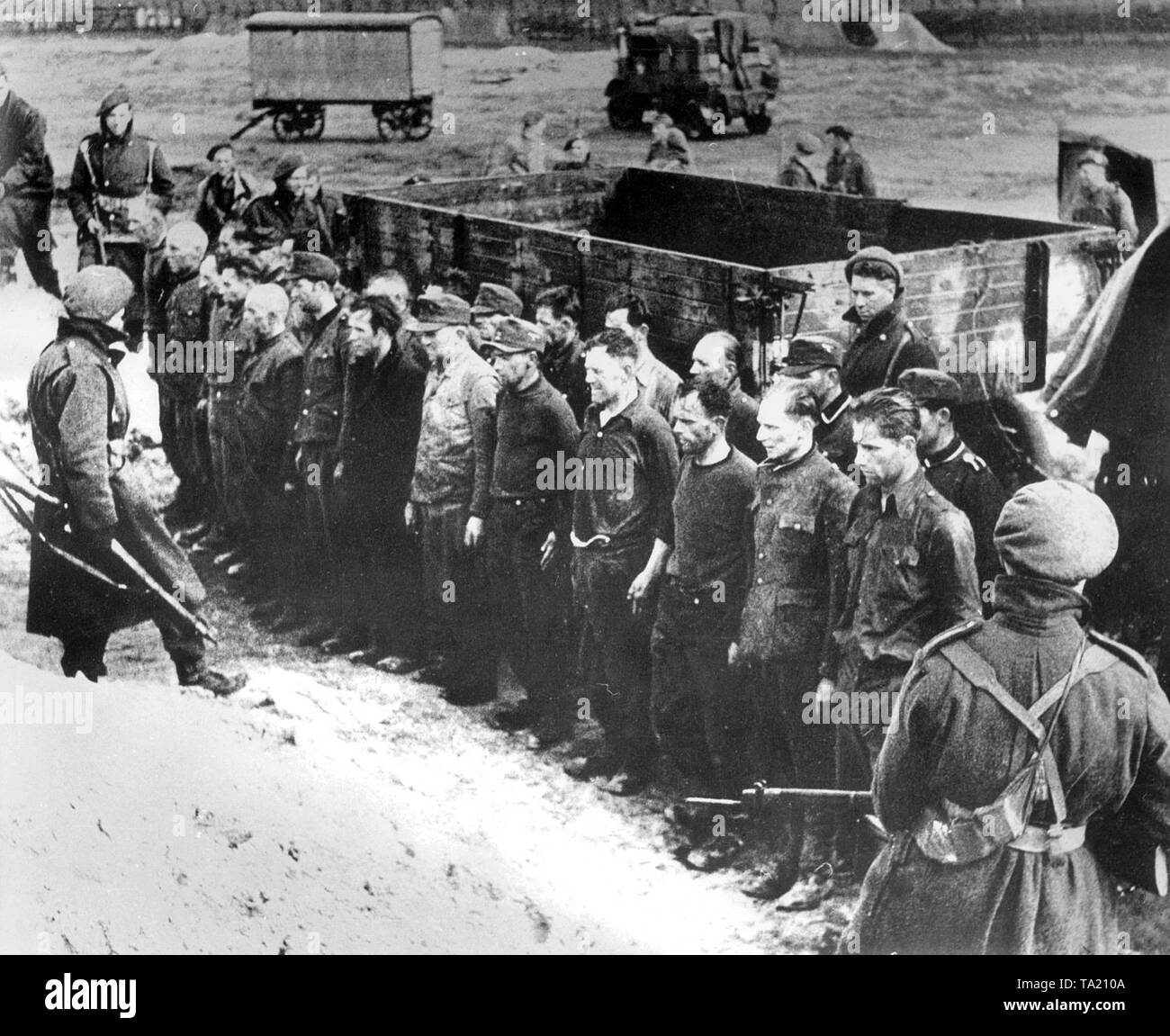 Soldati britannici di guardia SS uomini dopo la liberazione del campo di concentramento Bergen-Belsen. Foto Stock