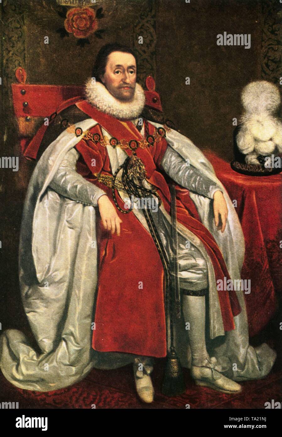 Ritratto di Giacomo VI e I (re di Scozia come Giacomo VI e Re di Inghilterra e Irlanda come James I) dal pittore Daniel Mytens Foto Stock