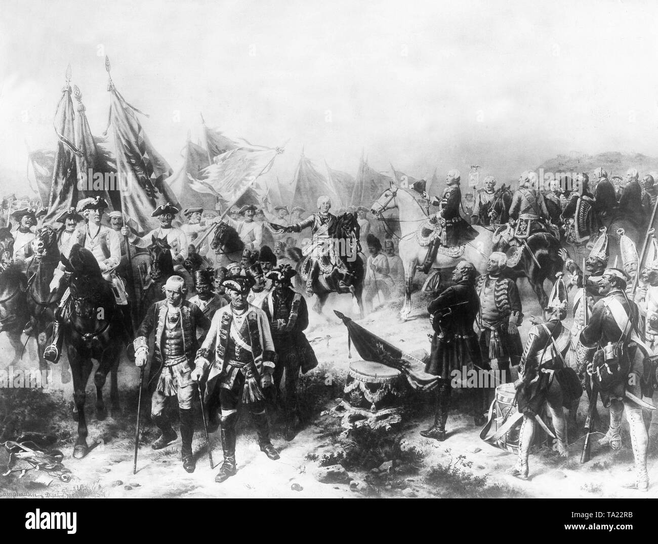 Federico il Grande a Hohenfriedberg', dopo un dipinto di Campenhausen. Il Bayreuther reggimento dragoon porta la conquista di bandiere. Sulla sinistra il comandante del reggimento Otto Martin von Schwerin, nella metà sinistra maresciallo di campo Count Gessler, a destra il cavallo bianco il re di Prussia, proprio accanto allo standard il principe di Prussia, accanto a lui visto da dietro Seydlitz, sulla destra Ziehten, accanto a Winterfeld. Foto Stock