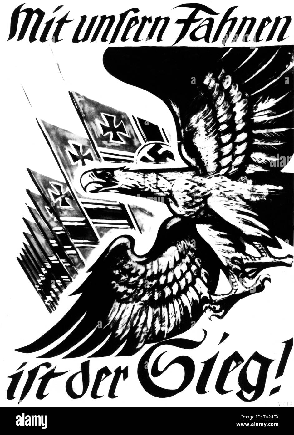 Poster di propaganda con il tedesco imperial eagle in un tuffo. In background, alcuni flag con l'emblema della Wehrmacht. Un lettering "proclama la vittoria è con le nostre bandiere!" Foto Stock