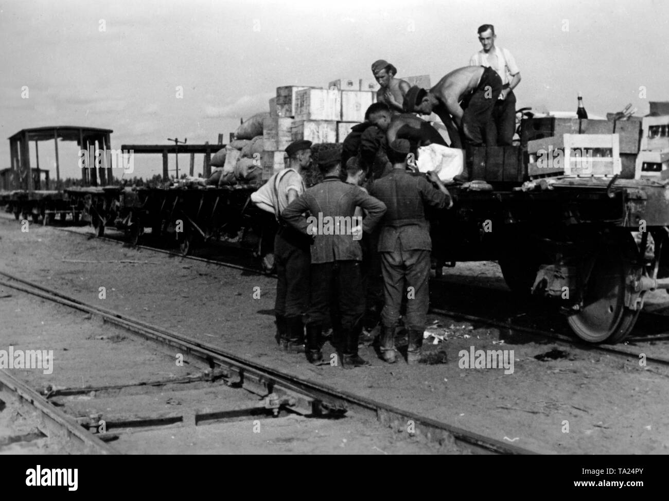 I soldati tedeschi scaricare le merci in arrivo presso il terminale della ferrovia via di approvvigionamento (bridgehead Volkhov in Kirishi Kirishi). Foto di Propaganda Company (PK): corrispondente di guerra Wanderer. Foto Stock I soldati tedeschi scaricare le merci in arrivo presso il terminale della ferrovia via di approvvigionamento (bridgehead Volkhov in Kirishi Kirishi). Foto di Propaganda Company (PK): corrispondente di guerra Wanderer. Foto Stock
