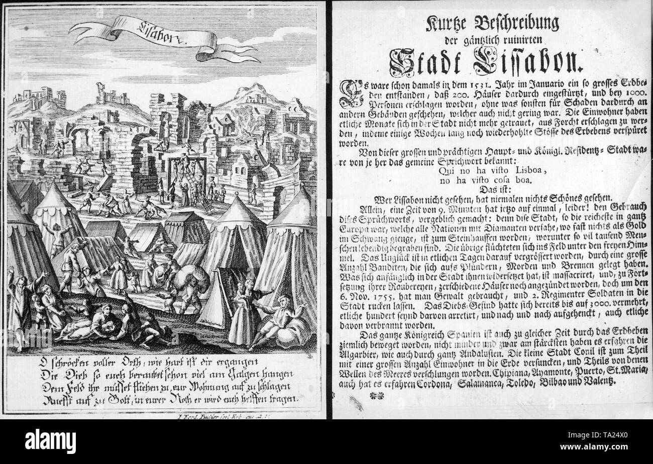 Una relazione contemporanea sul terremoto di Lisbona nel 1755. Foto Stock