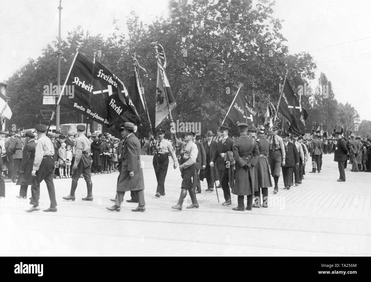 I membri in uniforme delle singole associazioni DNVP (nazionale tedesco del Partito popolare) marzo durante il Congresso di Stettino con le loro bandiere, sul quale si dice "Libertà, manodopera, legge". Foto Stock