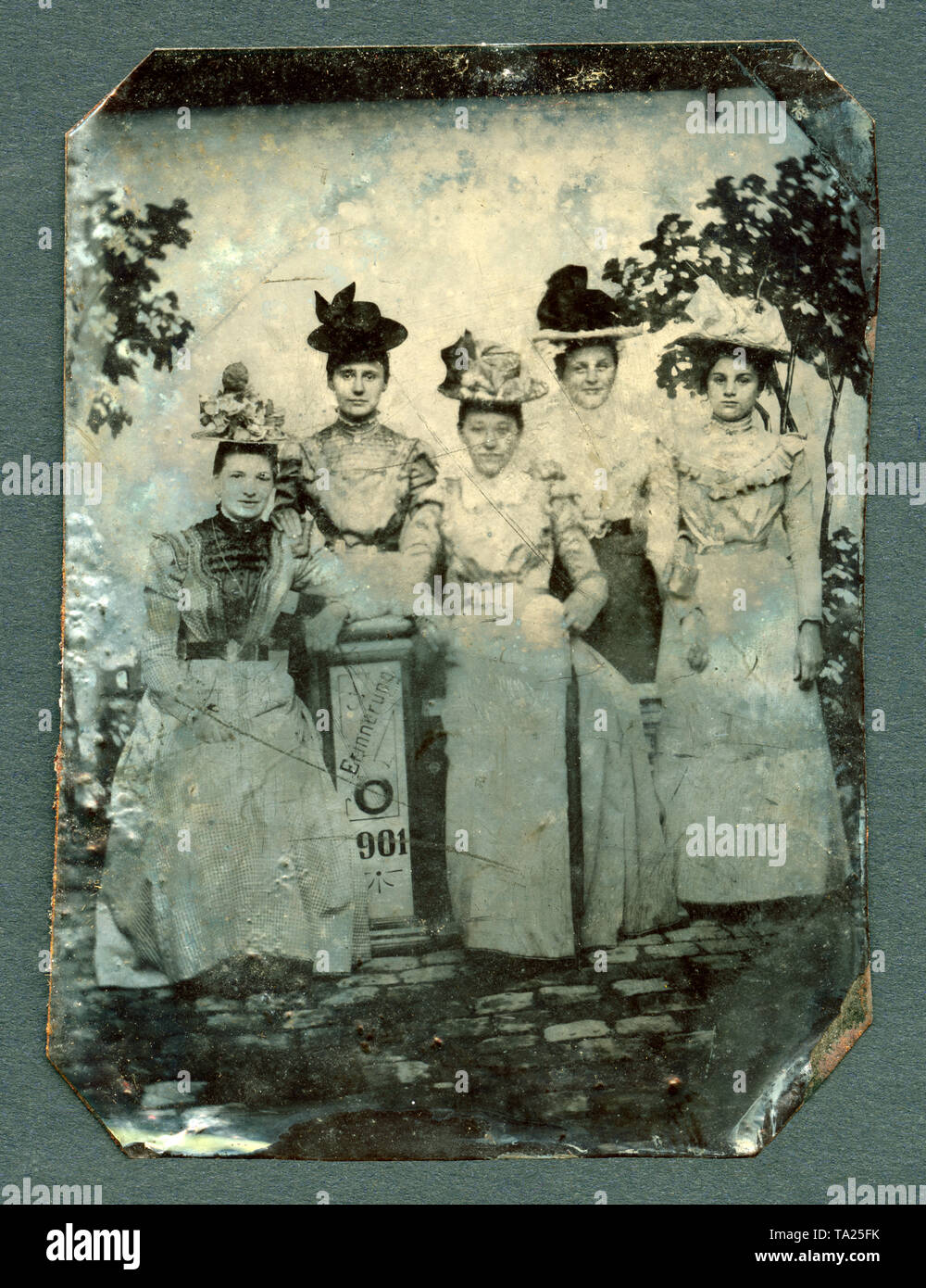 Europa, Deutschland, Ferrotypie zeigt mehrere junge Damen, 1901, Fotograf unbekannt . / Tintype con cinque giovani donne , 1901 , fotografo sconosciuto . Foto Stock