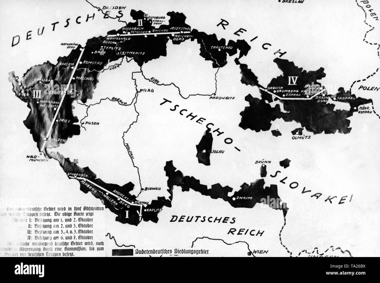 Una mappa di German-Czechoslovak area di confine del 29 settembre 1938. Il nero è sinonimo di Sudeti aree. Foto Stock